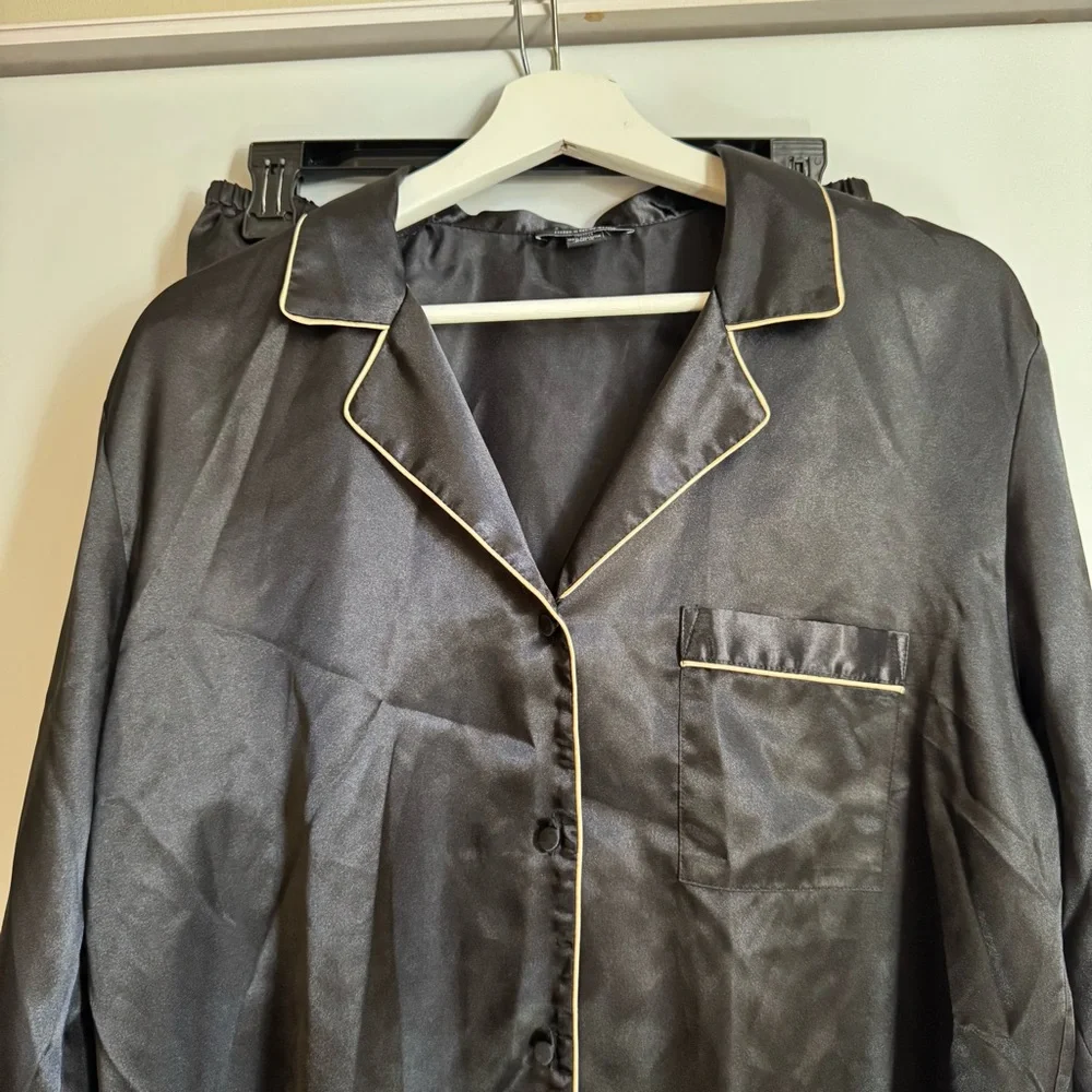 Jones New York Black Satin Pajama Set with Gold Trim